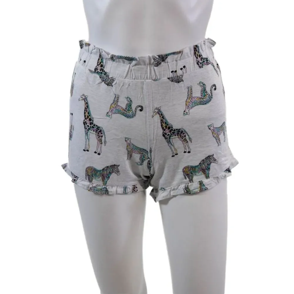 Emerson Road Womens Giraffe Print Ruffled Long Sleeve Pajama Set Gray Size XS